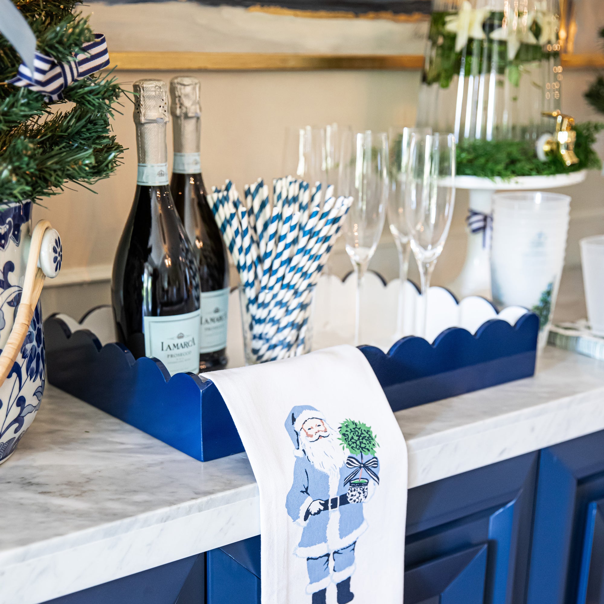 Navy Blue + White Scalloped Lacquer Tray