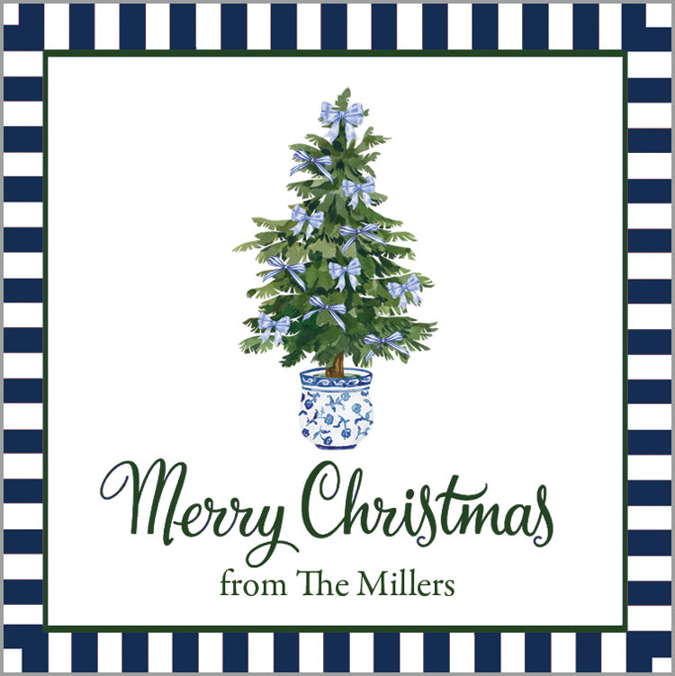 Blue Bows Christmas Tree Personalized Gift Sticker | Set of 24