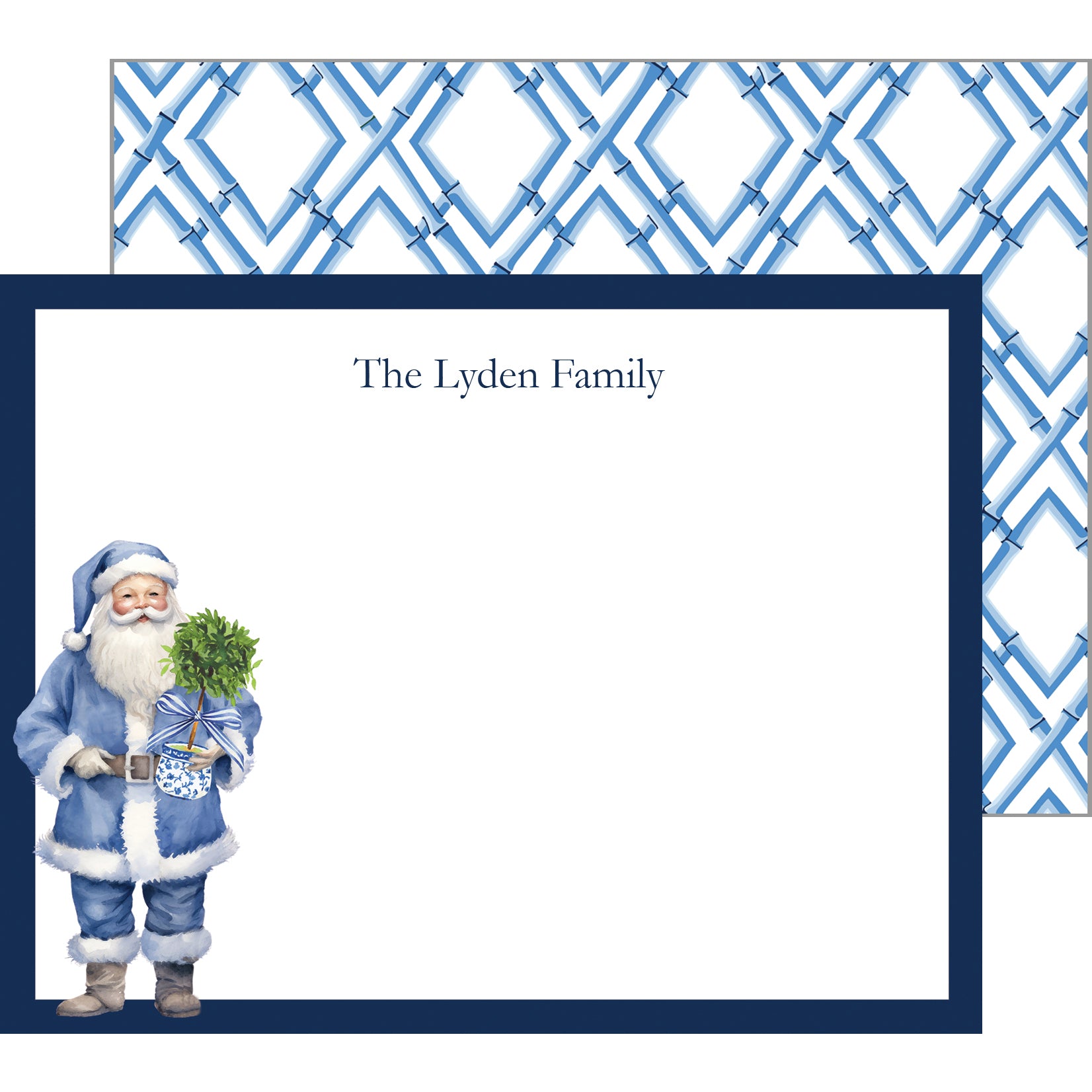 Blue Santa Claus Christmas Topiaries Personalized Flat Notecard