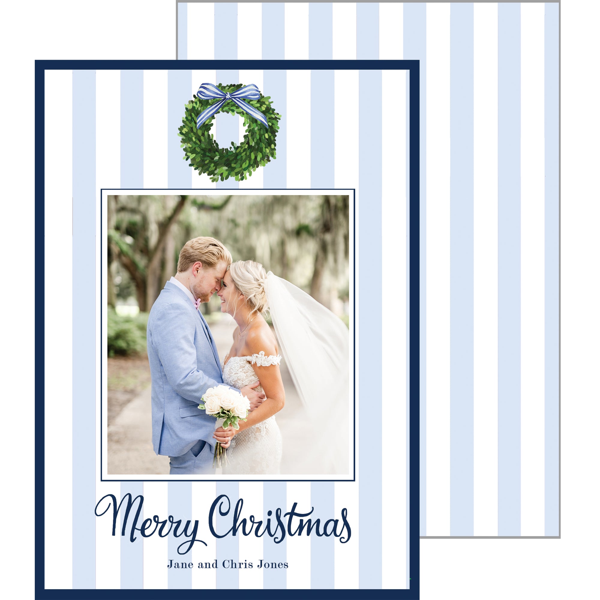 Boxwood Wreath Stripe Holiday Photo Card