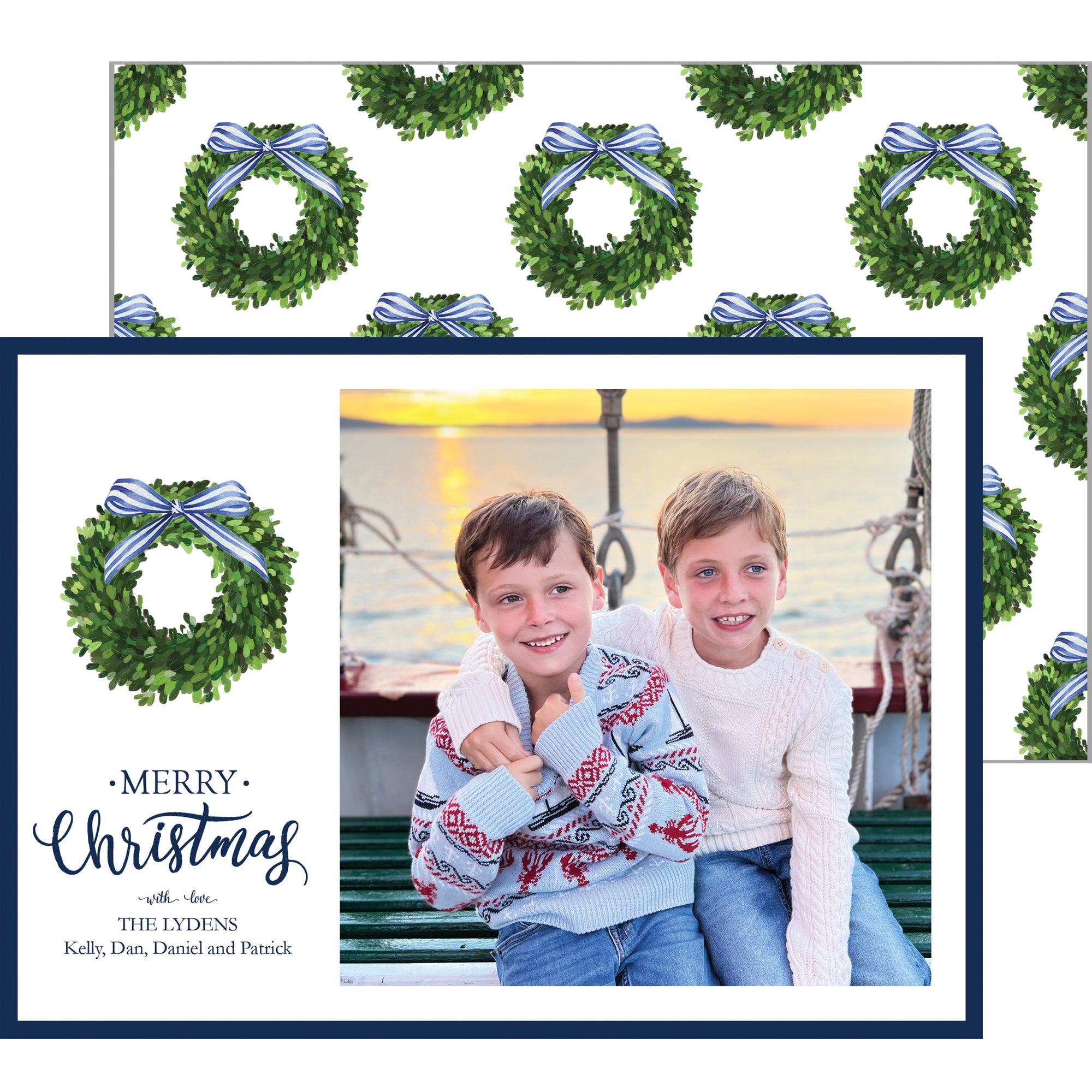 Boxwood Wreath Horizontal Holiday Photo Card