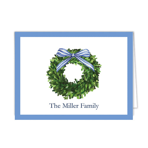 Boxwood Wreath with Striped Bow Christmas Personalized Folded Notecards