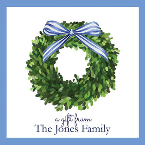 Boxwood Wreath with Striped Bow Christmas Personalized Gift Sticker | Set of 24