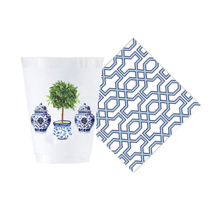 Bundle: Chinoiserie Topiary Shatterproof Cups + Blue Trellis Cocktail Napkins