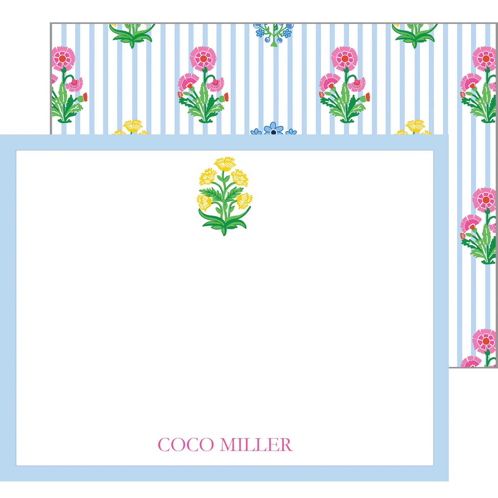 Coco Block Print Personalized Flat Notecards