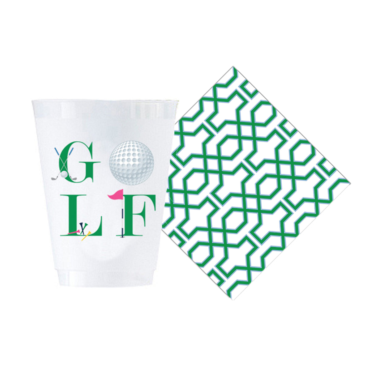 Bundle: Golf Shatterproof Cups + Green Trellis Cocktail Napkins