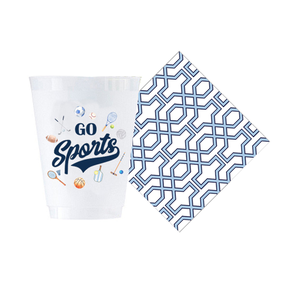 Bundle: Go Sports Shatterproof Cups + Blue Trellis Cocktail Napkins