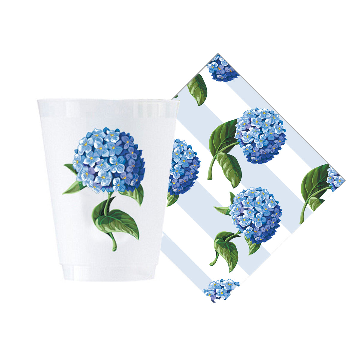 Bundle: Blue Hydrangeas Shatterproof Cups + Cocktail Napkins