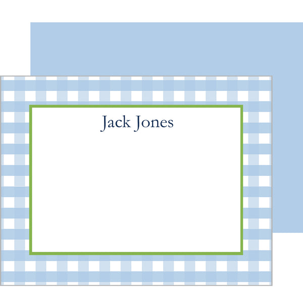 Lt. Blue Gingham Check Personalized Flat Notecards 