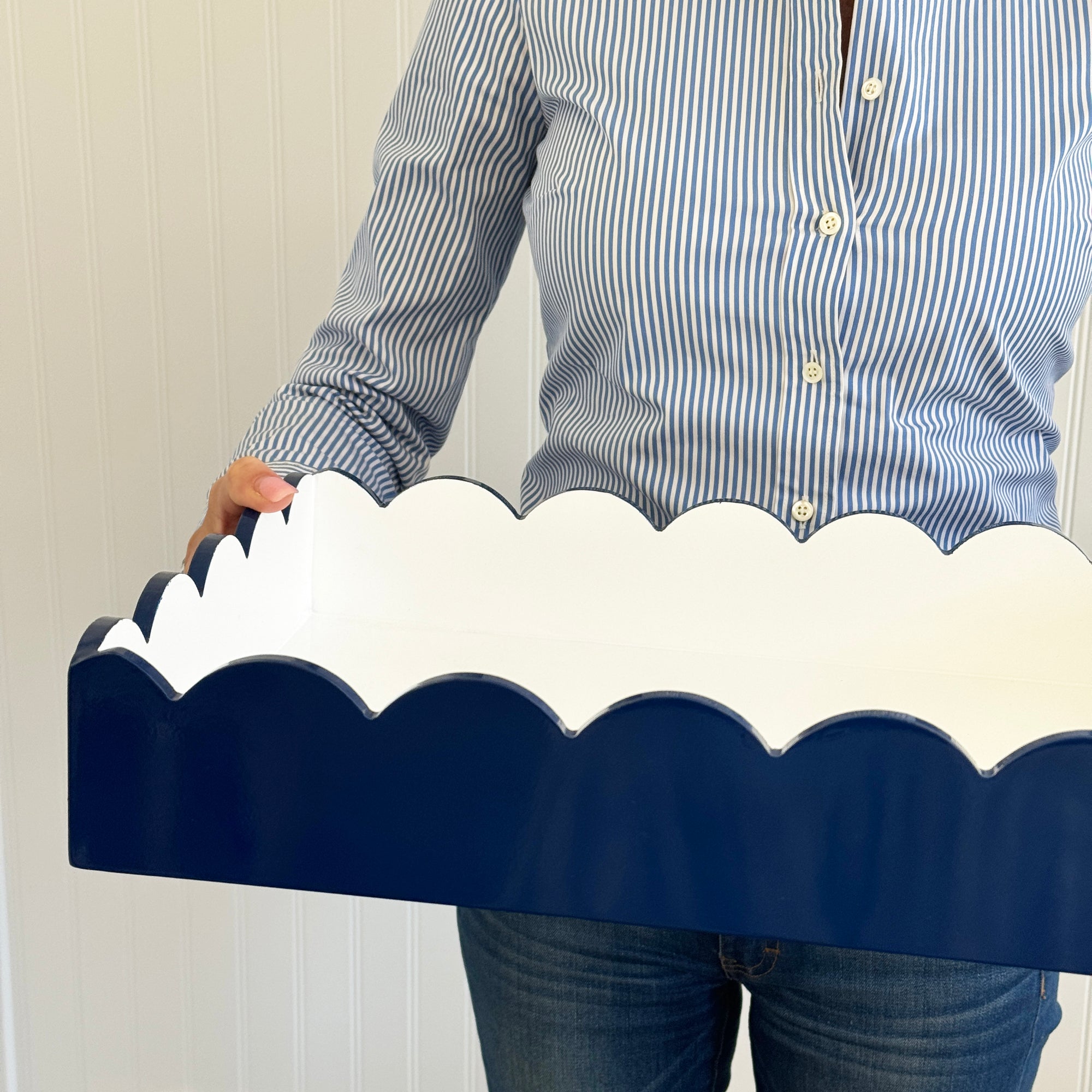 Navy Blue + White Scalloped Lacquer Tray