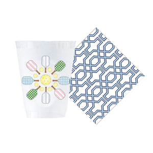 Bundle: Pickleball Flower Shatterproof Cups + Blue Trellis Cocktail Napkins