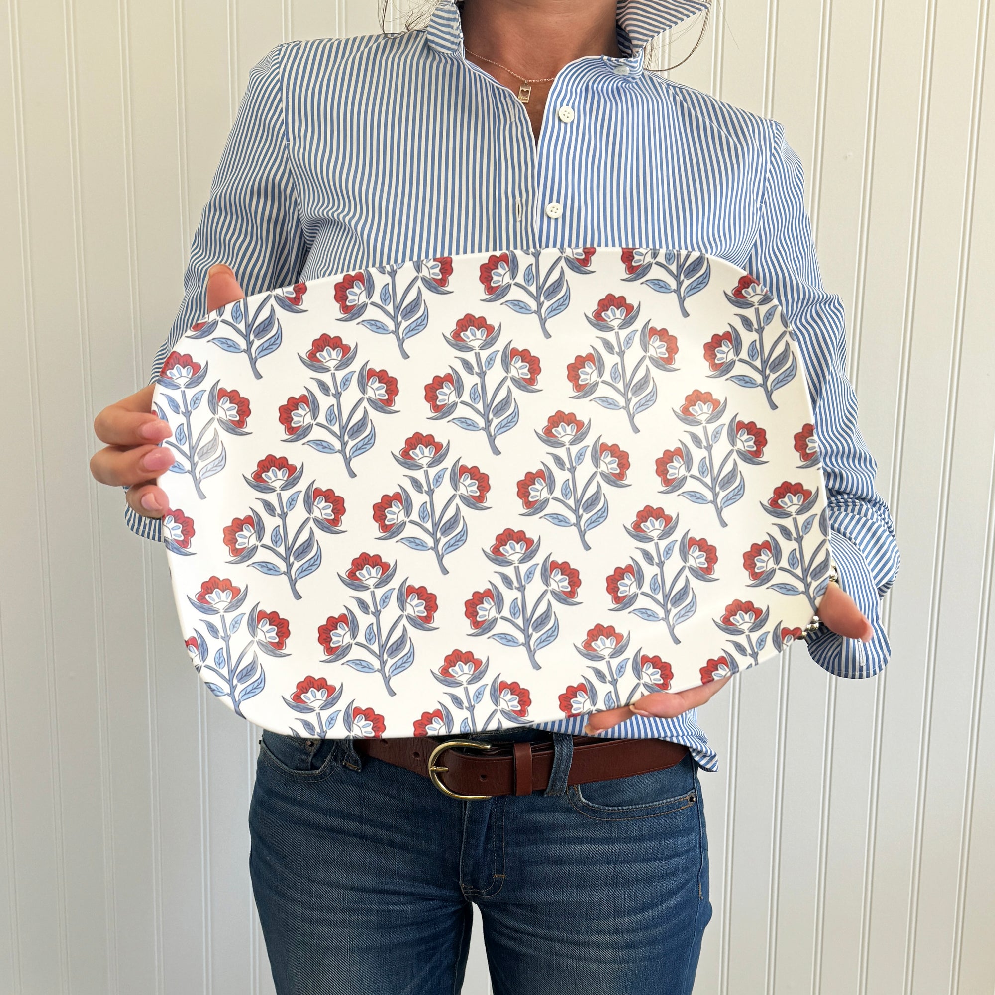 Red Floral Block Print Melamine Platter