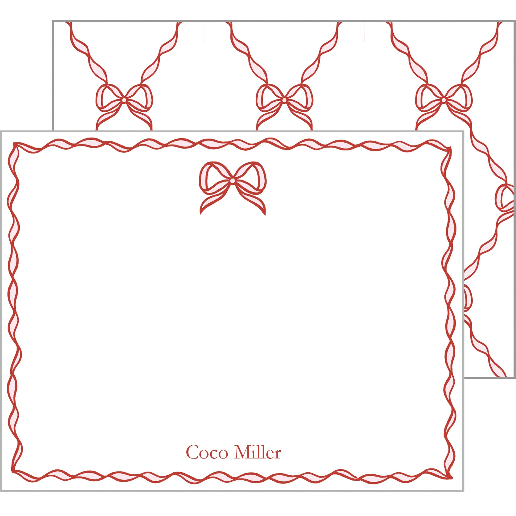 Bow Lattice Personalized Flat Notecard | Lt. Pink and Red