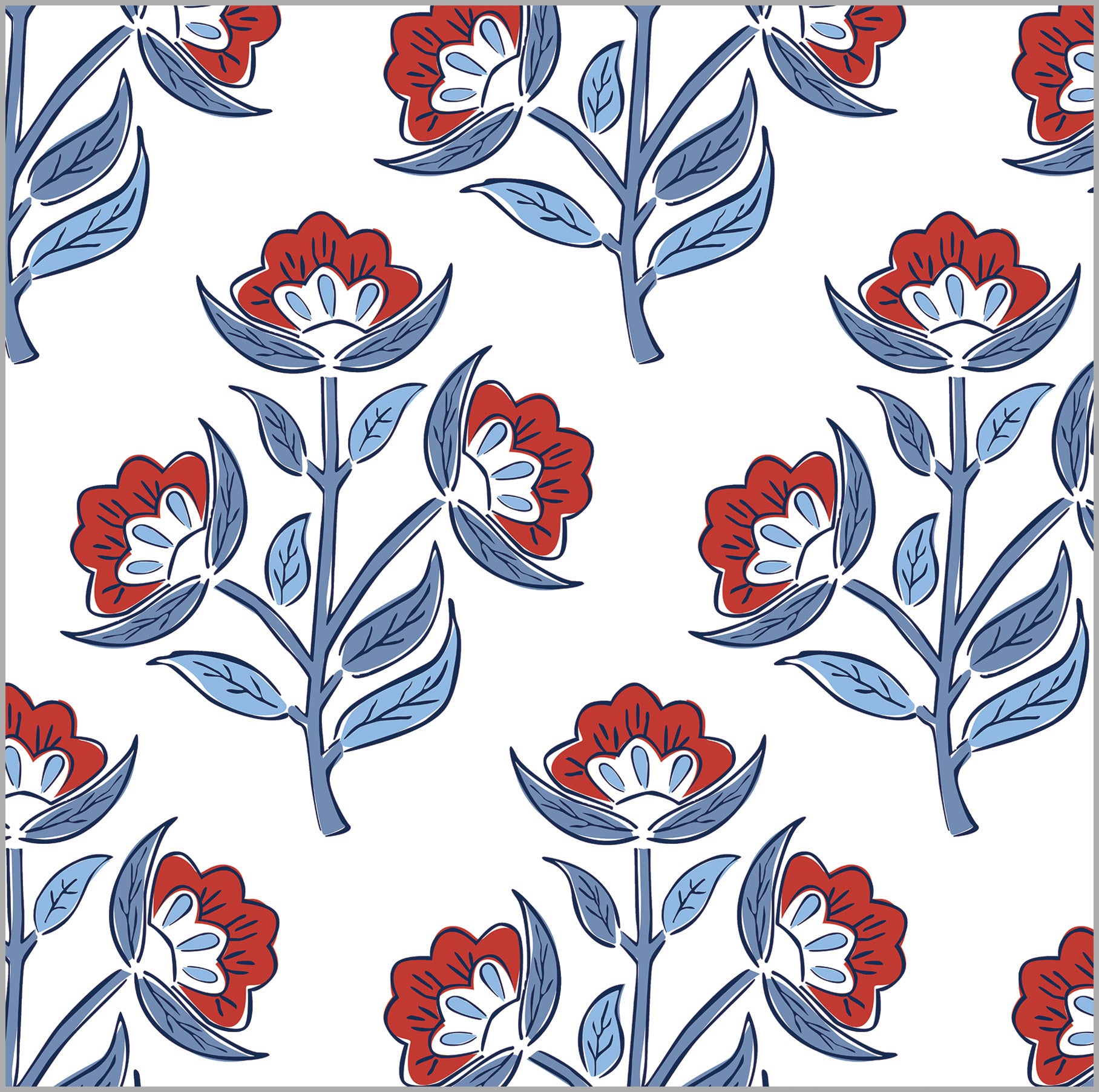 In Stock Continuous Roll Gift Wrap | Red Floral Block Print