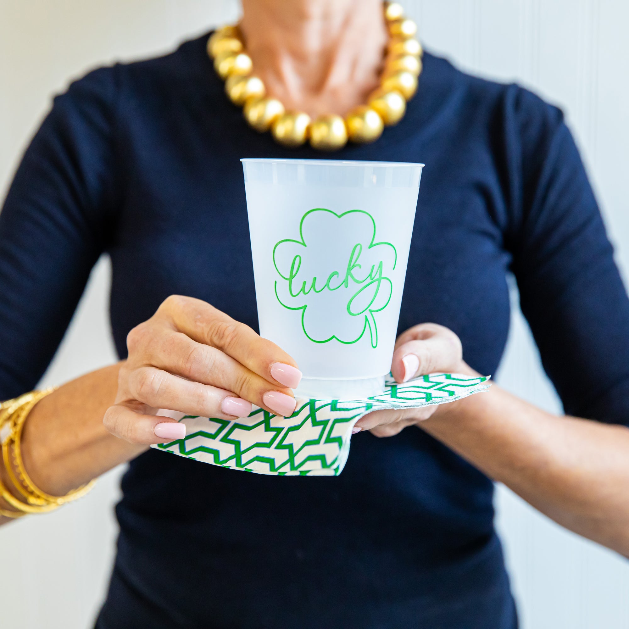 Bundle: Lucky Shamrock Shatterproof Cups + Green Trellis Cocktail Napkins