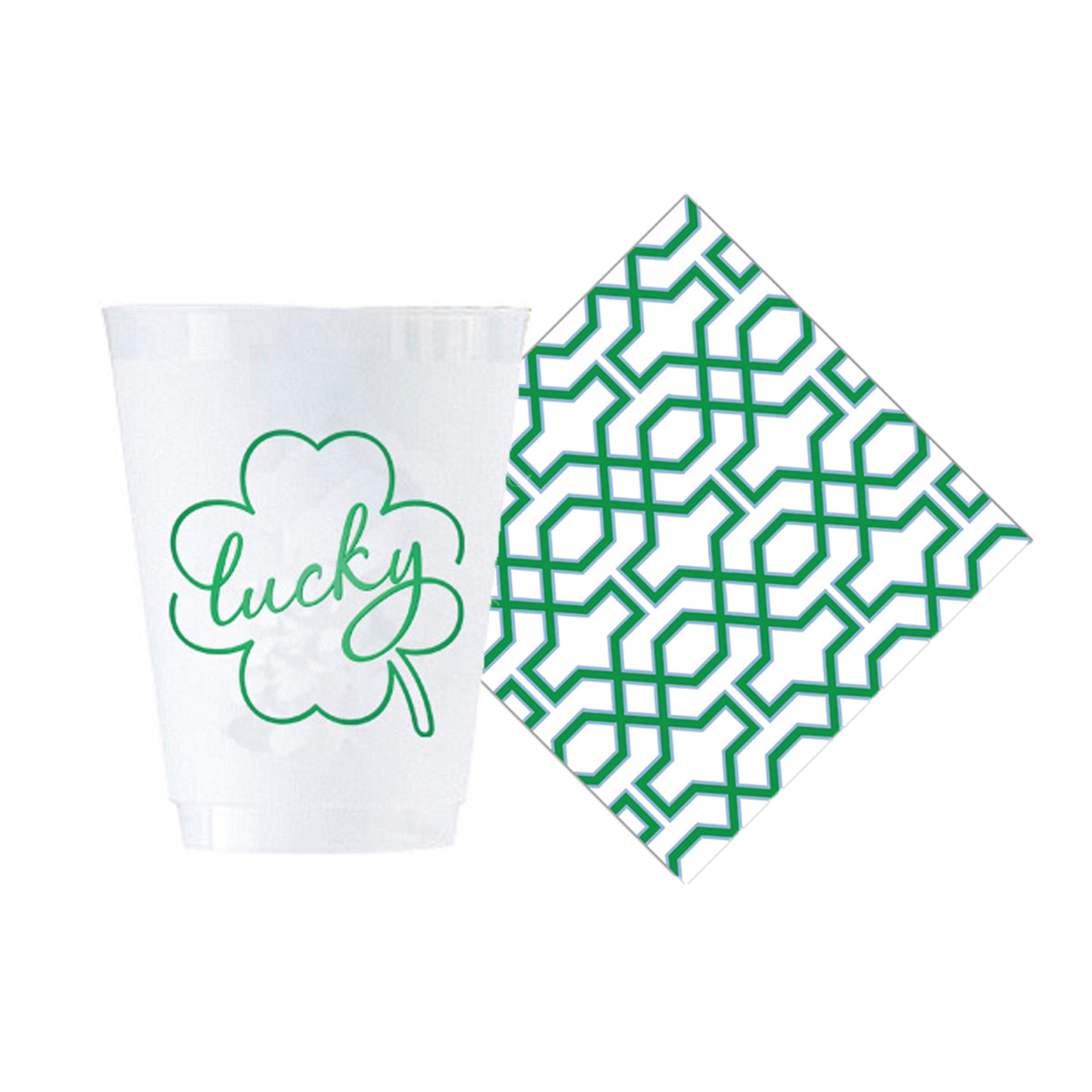 Bundle: Lucky Shamrock Shatterproof Cups + Green Trellis Cocktail Napkins