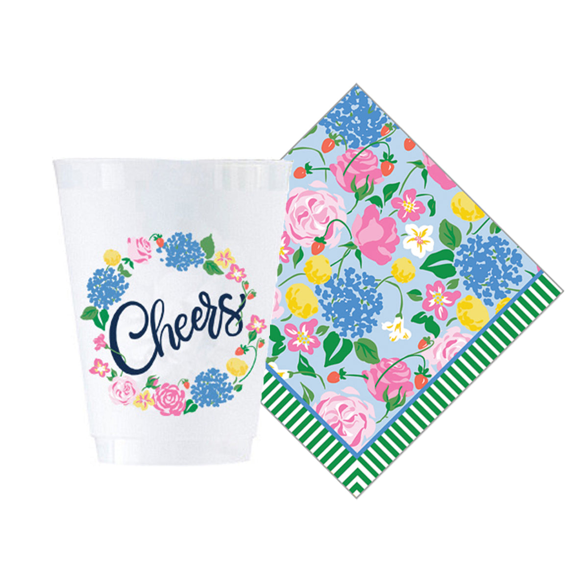 Bundle: Strawberry Floral Shatterproof Cups + Cocktail Napkins