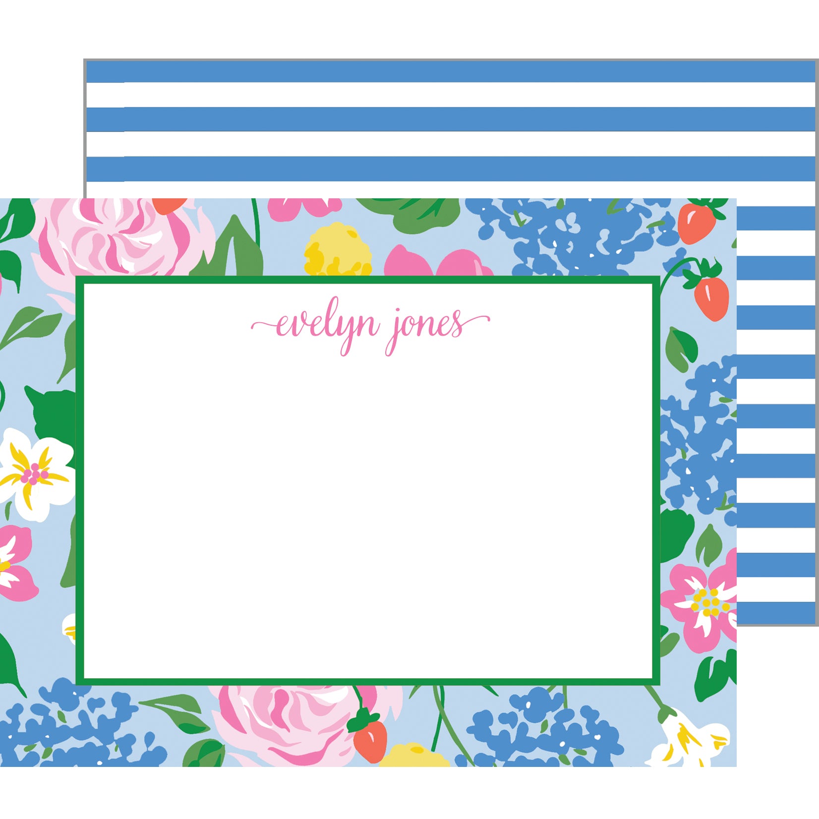 Strawberry Floral Personalized Flat Notecards