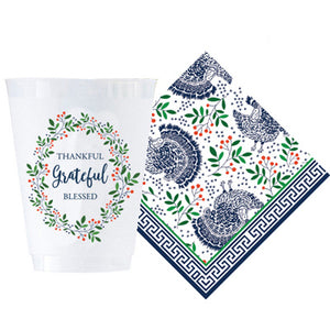 Bundle: Thankful Grateful Shatterproof Cups and Turkey Toile Cocktail Napkins