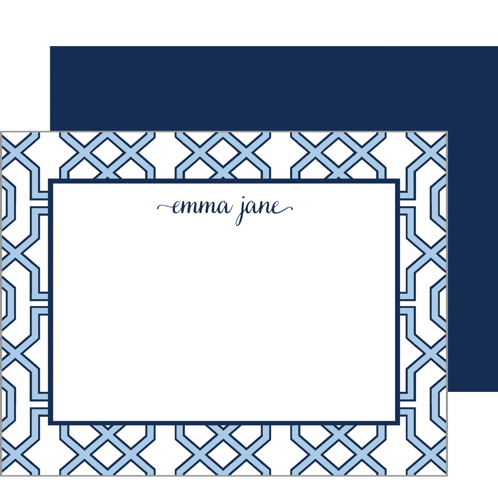 Trellis Personalized Flat Notecards | China Blue with Navy Blue