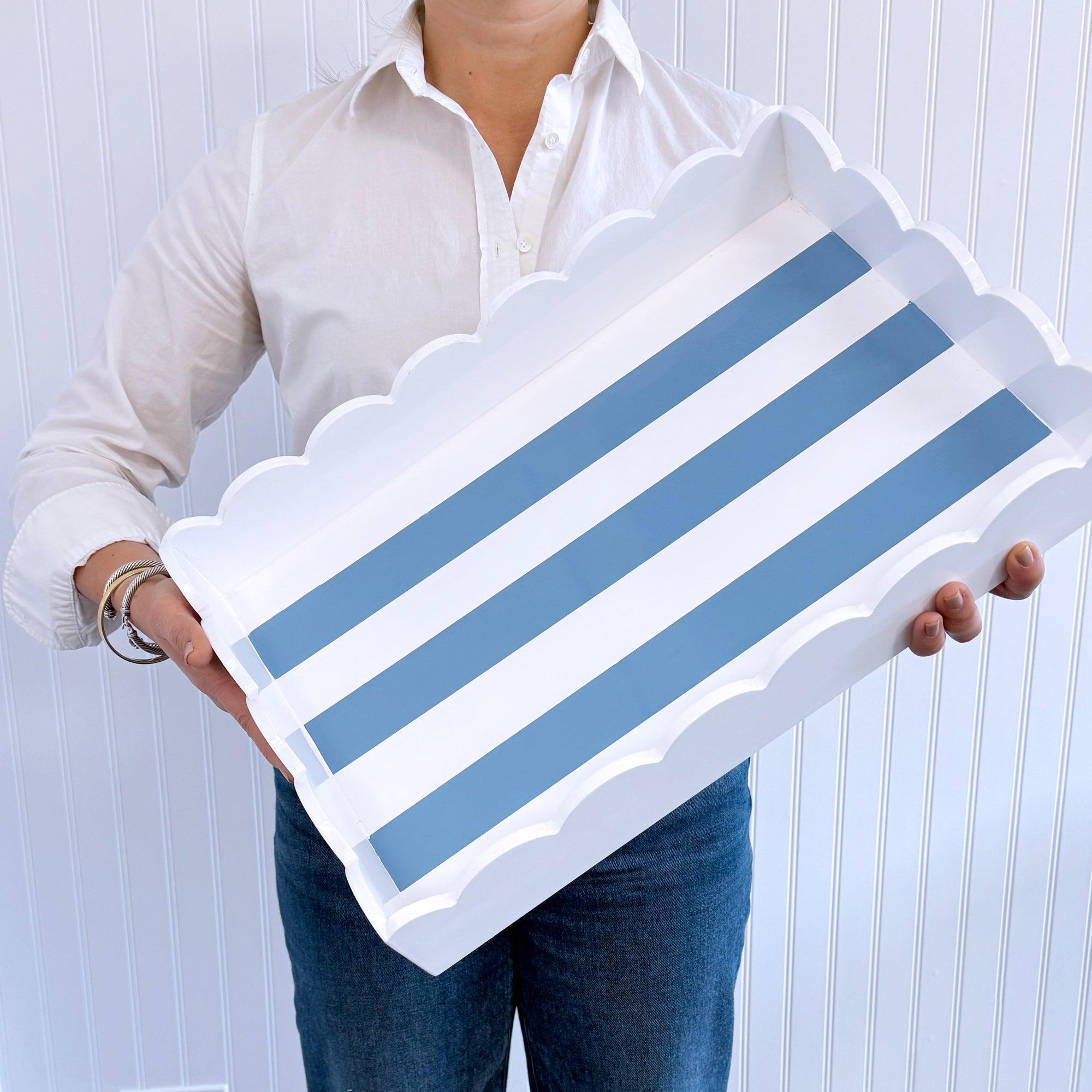 White Scalloped Lacquer Tray with Cornflower Stripes