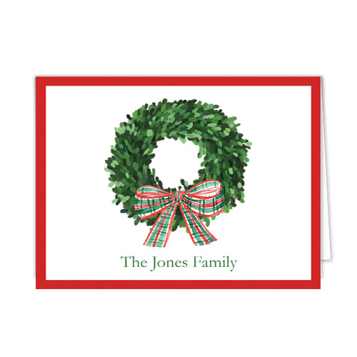 Christmas Wreath with Tartan Bow Personalized Folded Notecards