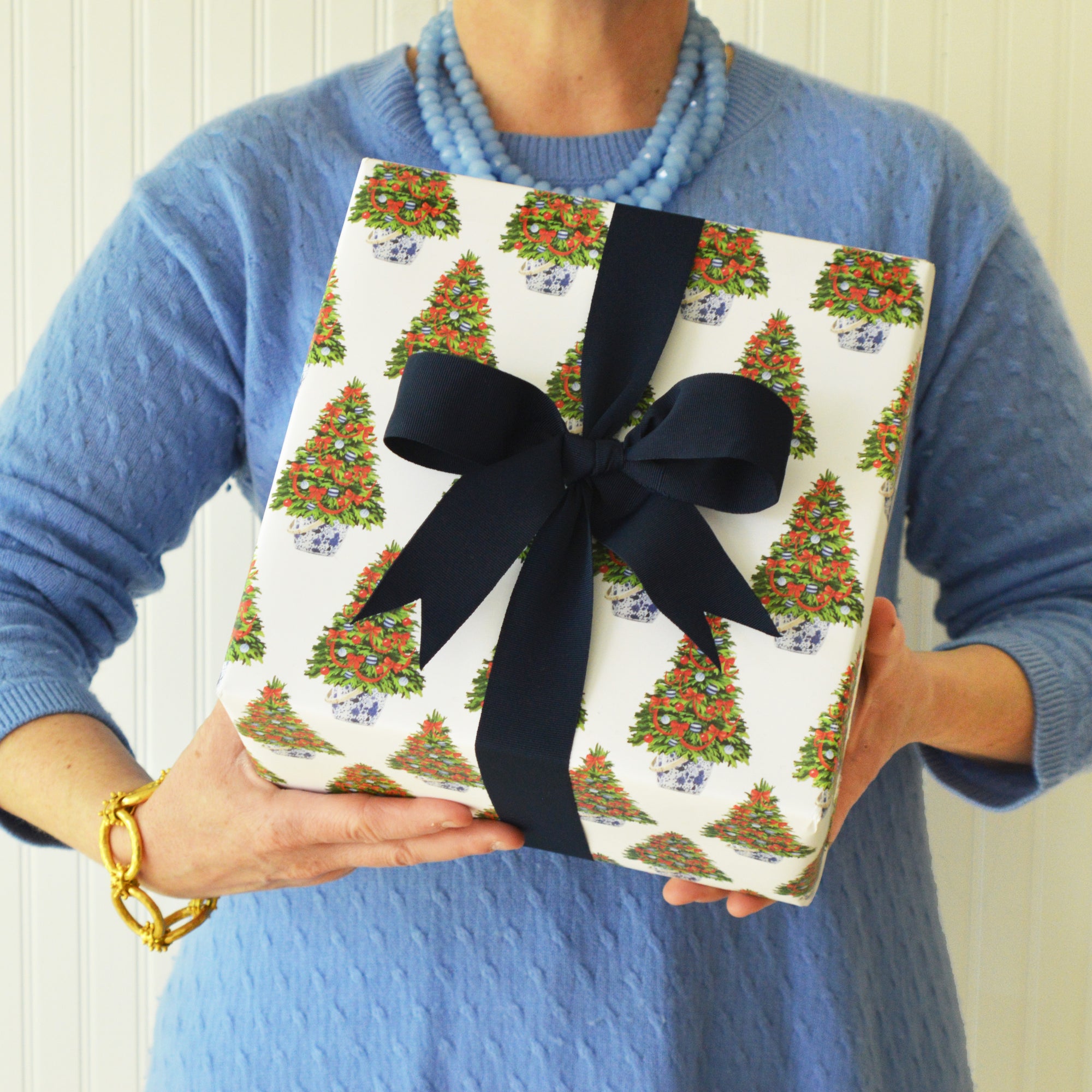 Blue Christmas Block Print Gift Wrap Sheets - WH Hostess Social Stationery