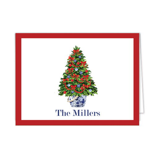 Red Ribbon Tree Front Imprint Christmas Cards